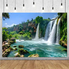 A scenic photograph of a large waterfall cascading into a pool surrounded by lush green cliffs and foliage.