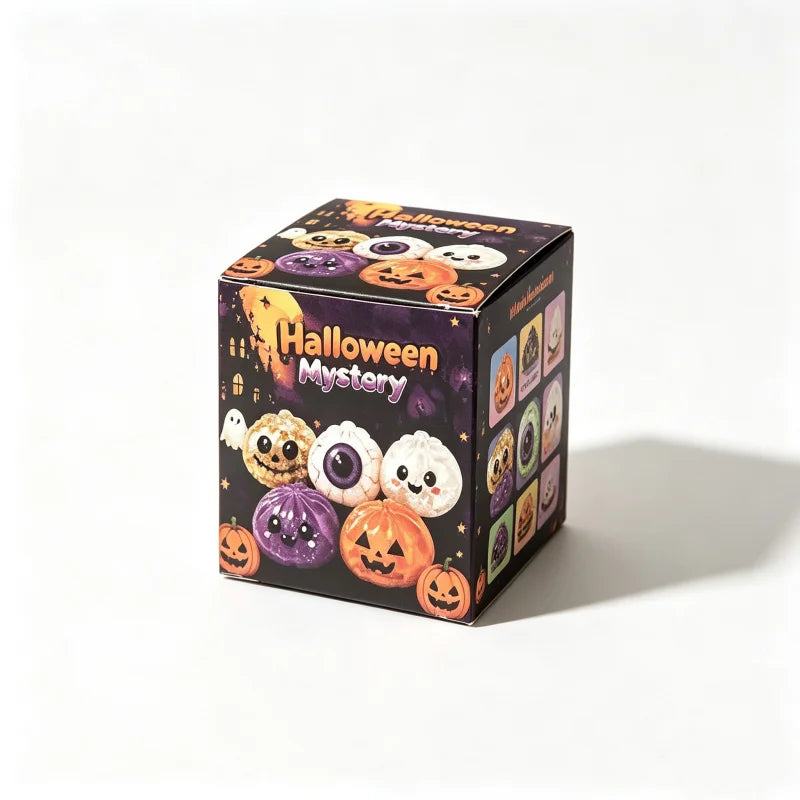 A box of Halloween Mystery Sensory Squishy Blind Box Stress Relief Toys featuring various spooky themed squishies.
