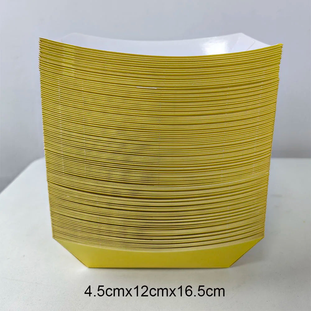 A stack of yellow disposable paper food trays with dimensions 4.5cm x 12cm x 16.5cm.
