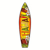 A wooden tiki bar sign shaped like a surfboard decorated with tropical leaves and flowers.