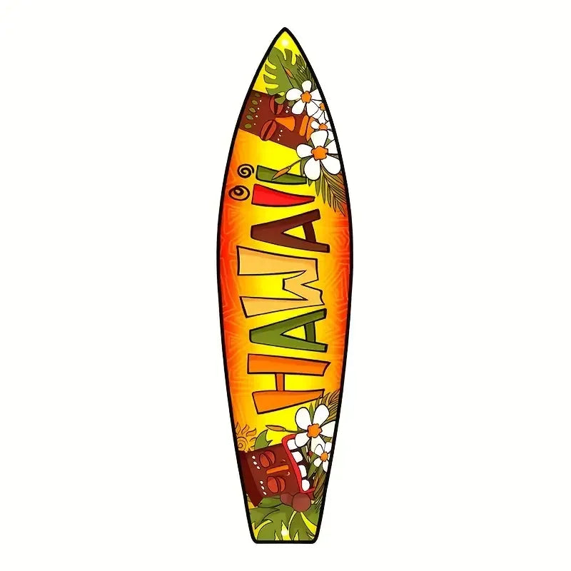 A wooden tiki bar sign shaped like a surfboard decorated with tropical leaves and flowers.