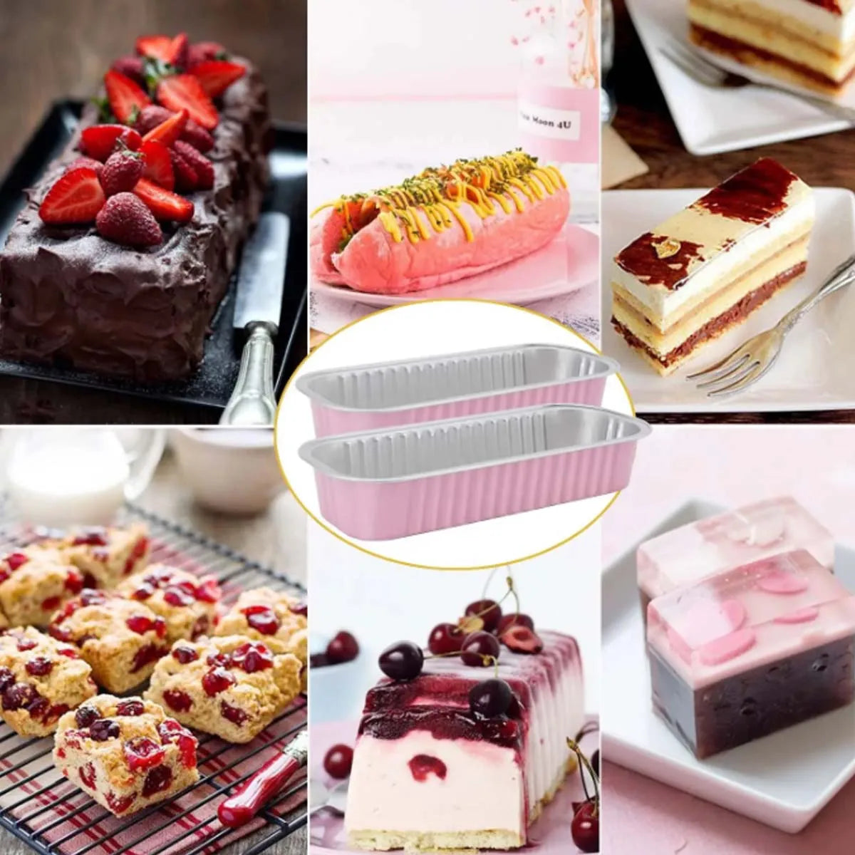 A pink rectangular mini foil bread tray with a lid shown next to various baked goods and sliced cake.