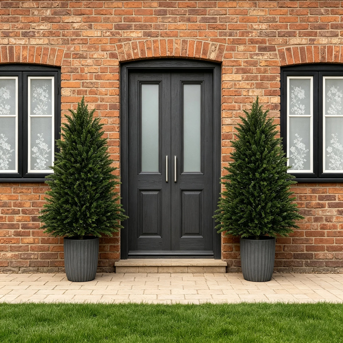 A dark gray front door flanked by two tall, conical artificial cedar topiary trees against a brick wall.