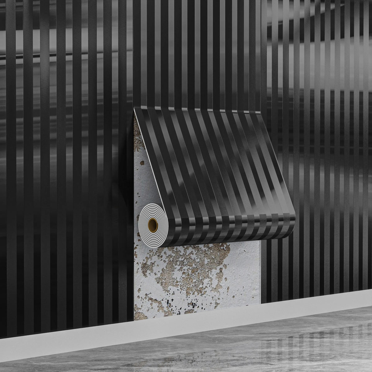 A close-up of metallic gold striped peel-and-stick wallpaper installed on a dark, vertically striped wall.