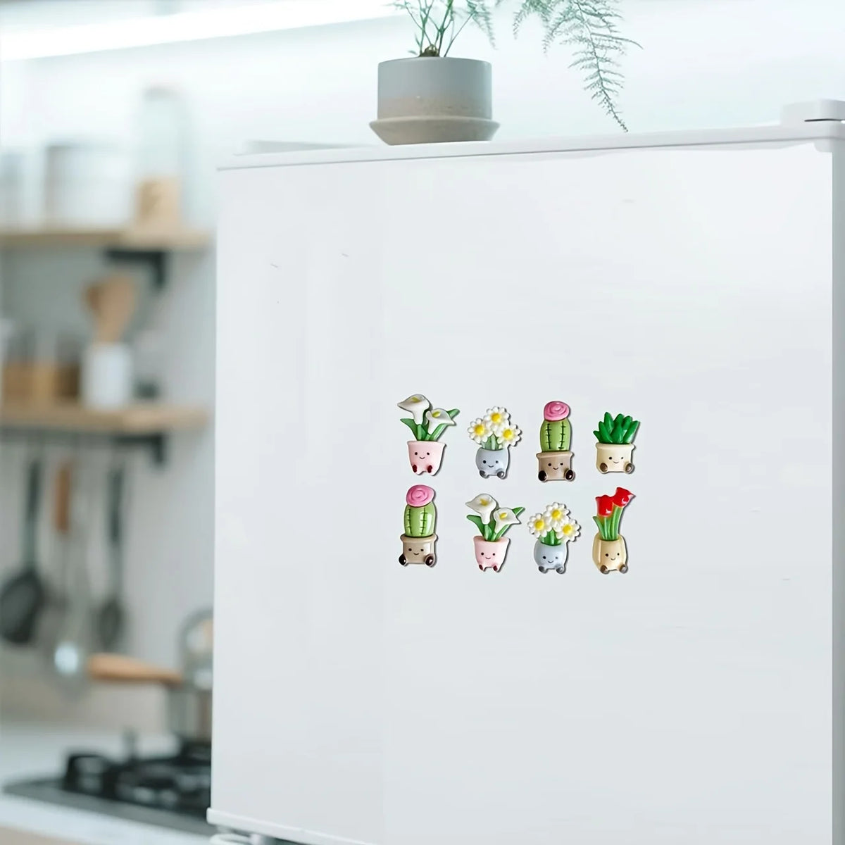A set of kawaii potted plant fridge magnets featuring various colorful succulents and flowers.