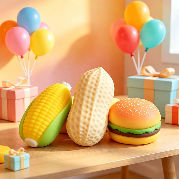 A set of squishy food-shaped stress balls including a corn, a celery stalk, and a hamburger on a wooden table.