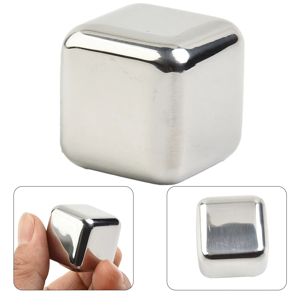 A square, polished stainless steel ice cube is shown from multiple angles.