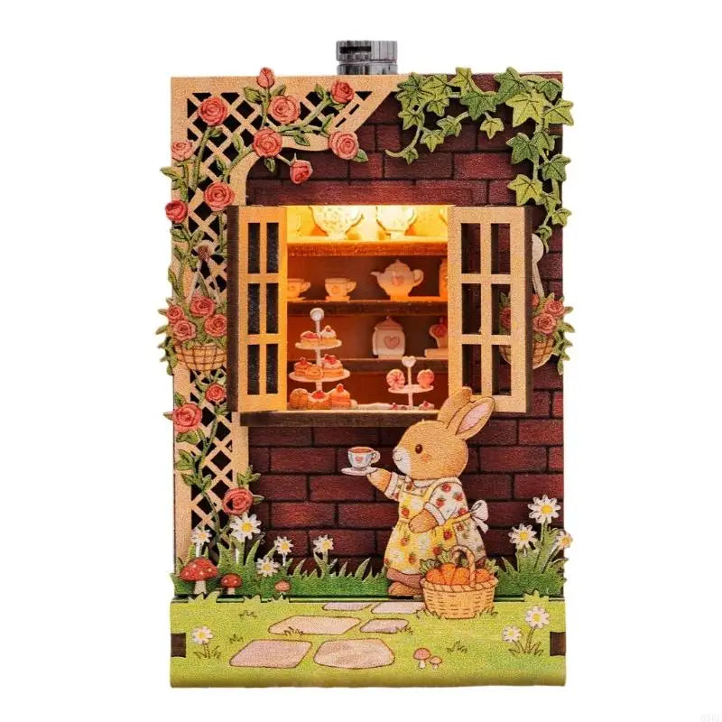 A wooden layered puzzle magnet decor featuring a rabbit in a house with floral accents.