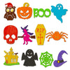 A collection of Halloween wooden ornaments including a pumpkin, ghost, skull, bat, and spider.