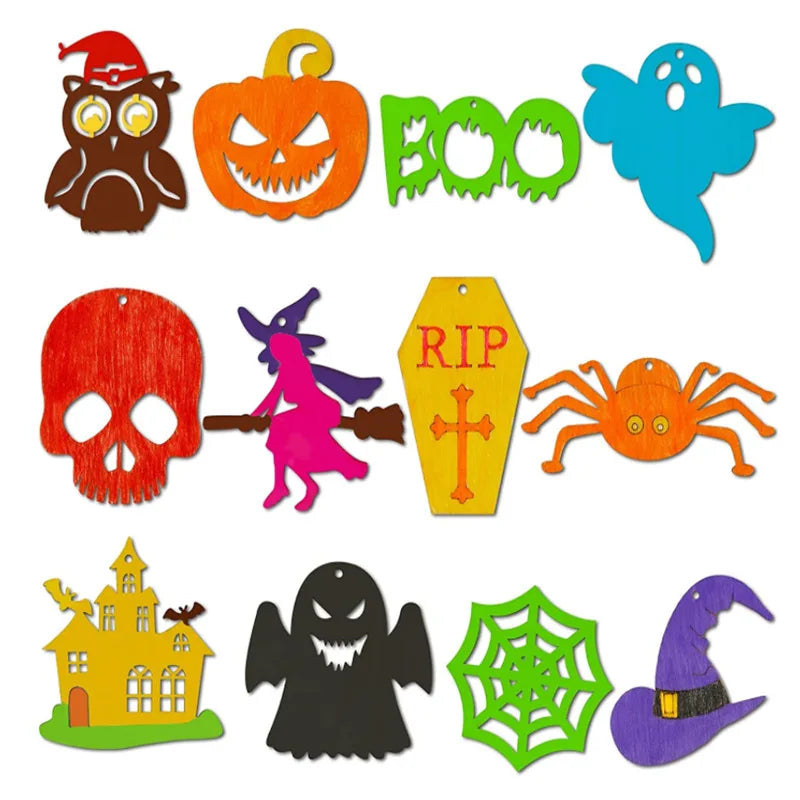 A collection of Halloween wooden ornaments including a pumpkin, ghost, skull, bat, and spider.