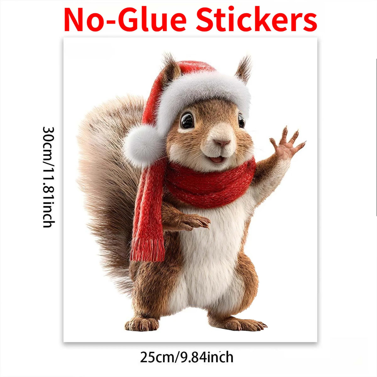 A realistic plush squirrel wearing a red scarf and hat, designed as a no-glue sticker decoration.