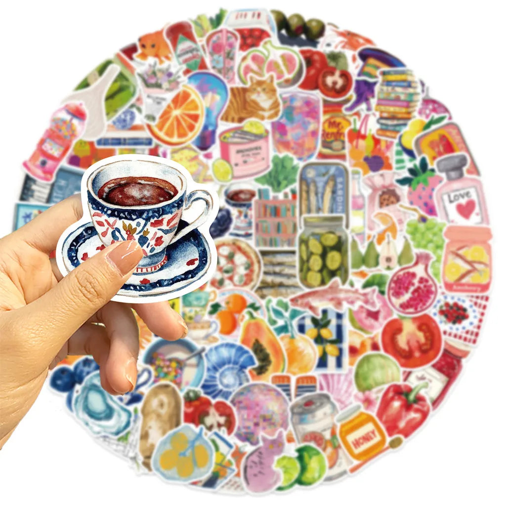 A hand holds a round sticker sheet featuring colorful Mediterranean aesthetic graffiti designs on a background.
