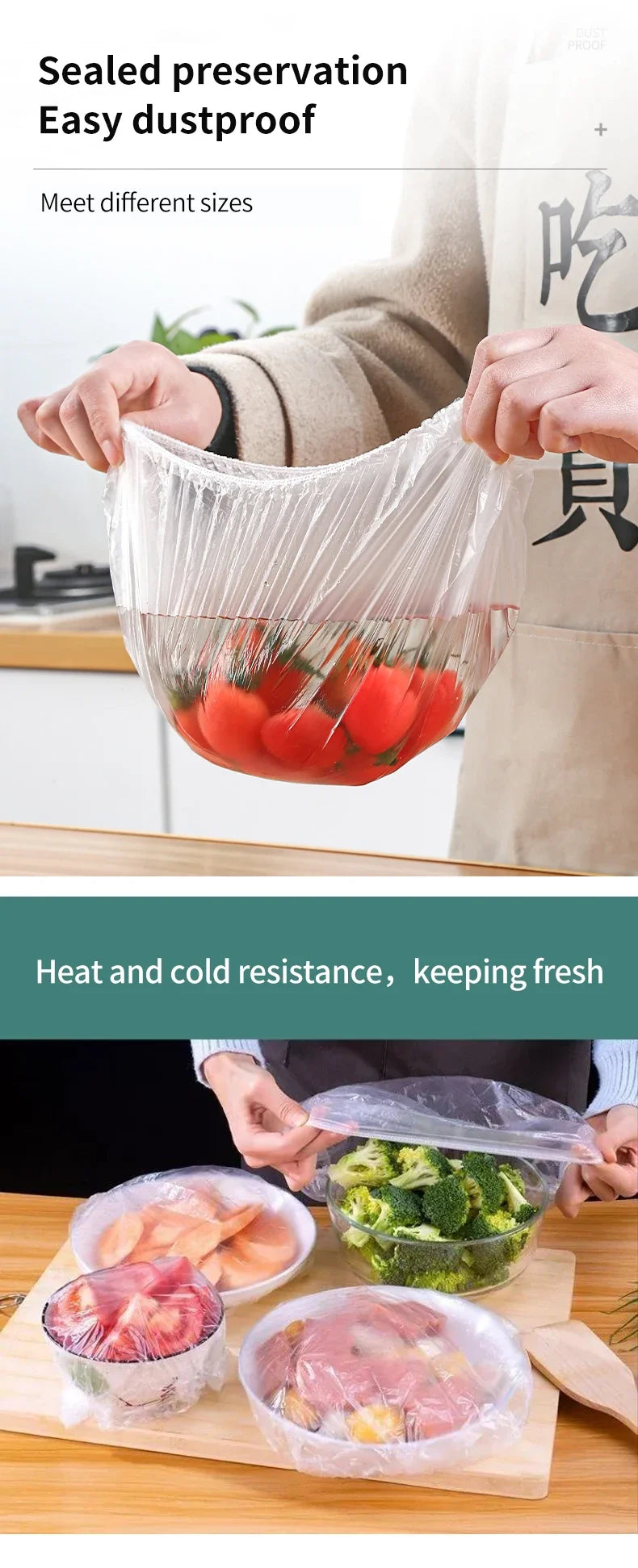 Clear plastic food wrap covers being used to seal and preserve fresh vegetables and meat.