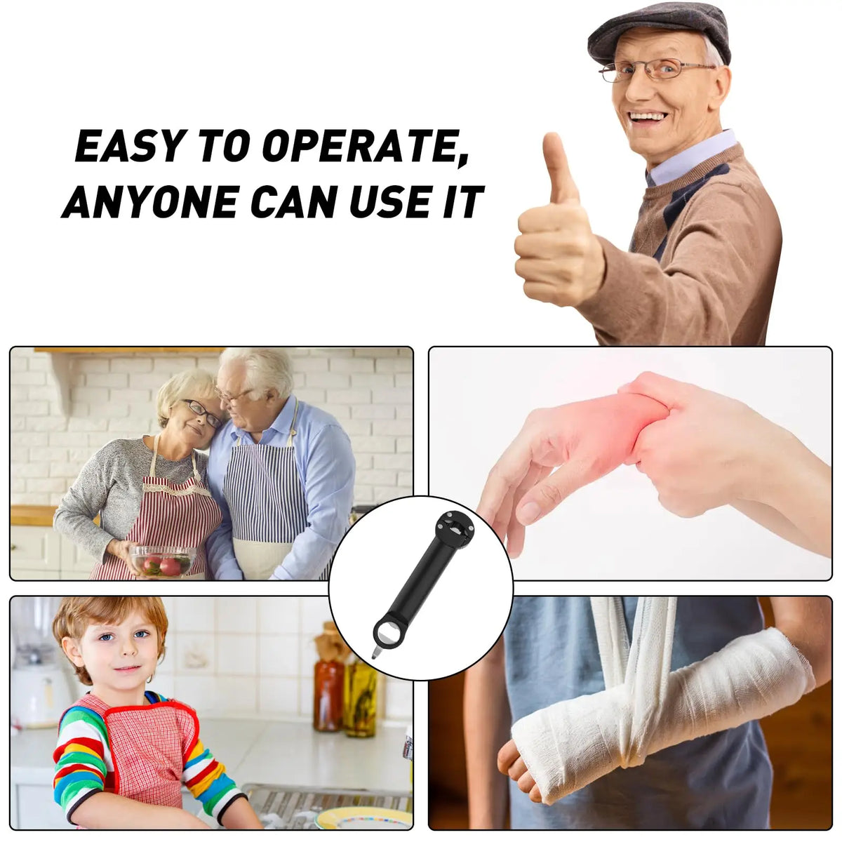 A set of ergonomic jar and bottle openers shown in various uses, including for adults and children.