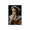 A portrait of a woman with her eyes closed, wiping her nose with a white cloth, wearing a headscarf and a gold dress.