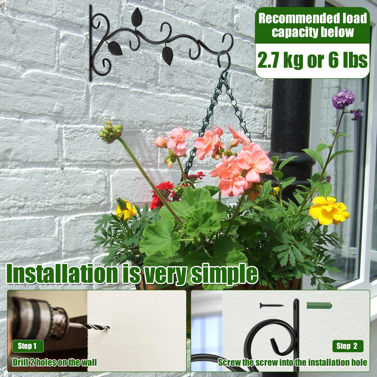 Black vintage iron wall hooks with a decorative scroll design for plant and garden decor