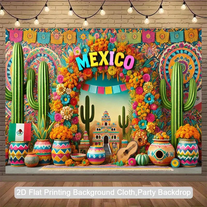 A vibrant Mexican fiesta backdrop featuring colorful cacti, flowers, and decorative elements for photography.