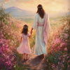 A woman with long hair and a pink dress holds the hand of another woman in a field of colorful wildflowers.