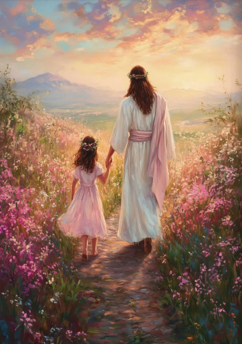A woman with long hair and a pink dress holds the hand of another woman in a field of colorful wildflowers.