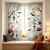 Gray curtains featuring a spooky Halloween design with bare tree branches, bats, and pumpkins.