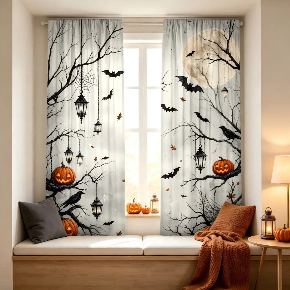 Gray curtains featuring a spooky Halloween design with bare tree branches, bats, and pumpkins.