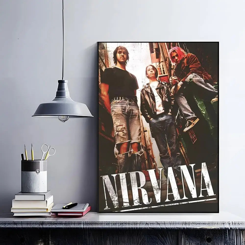 A vertical poster featuring three figures in grunge style with the word NIRVANA printed at the bottom.