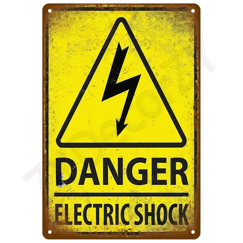 A vintage yellow warning sign indicating danger of electric shock with a lightning bolt symbol.