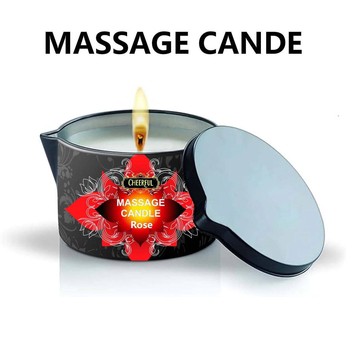 A massage candle in a tin with a rose design and a lid, showing a lit wick.