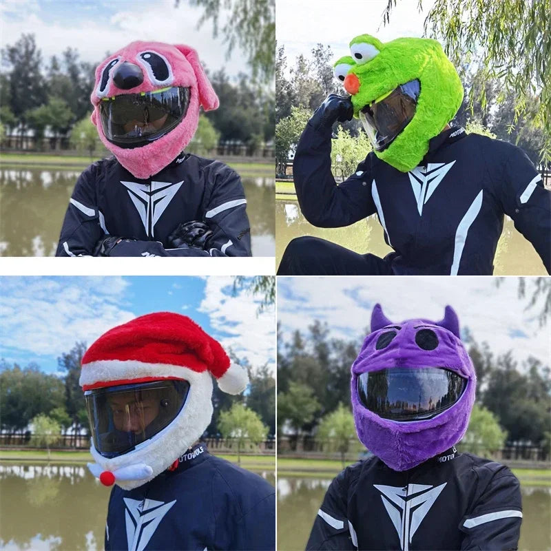 Three cartoon plush helmet covers in pink, green, and purple displayed on a person's face.