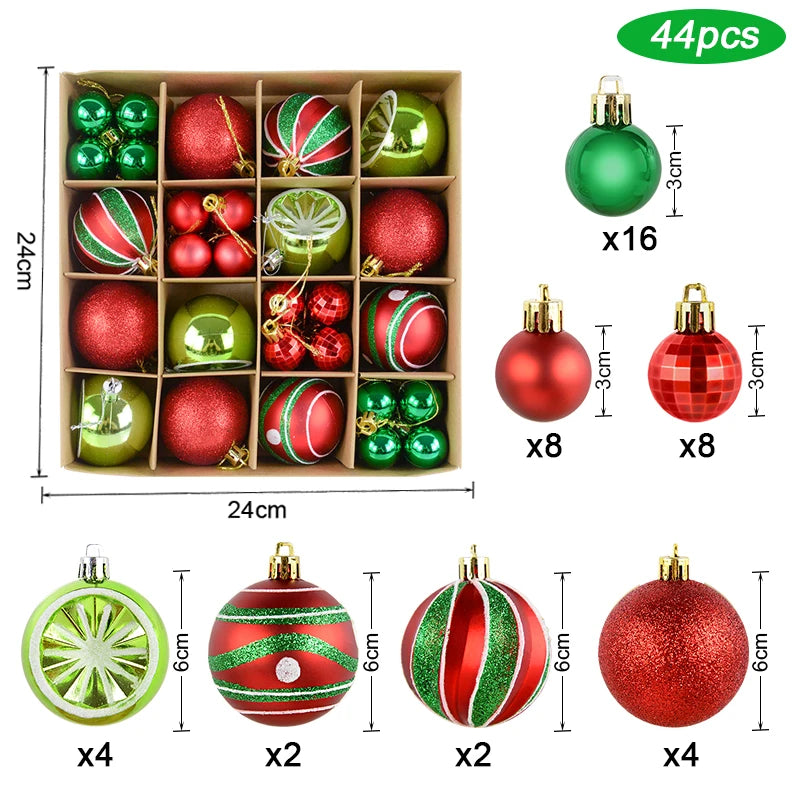 A set of 44 festive Christmas ornaments in various colors and designs including green red and gold finishes
