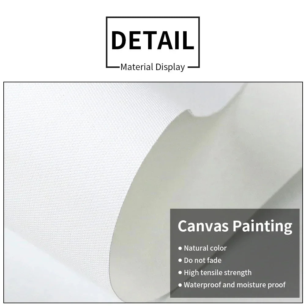 Detail display of canvas painting showing natural color, fade resistance, high tensile strength, and waterproof properties.
