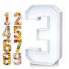 A white fillable cardboard number 12 is shown alongside various colorful numbers and letters for a party tray.