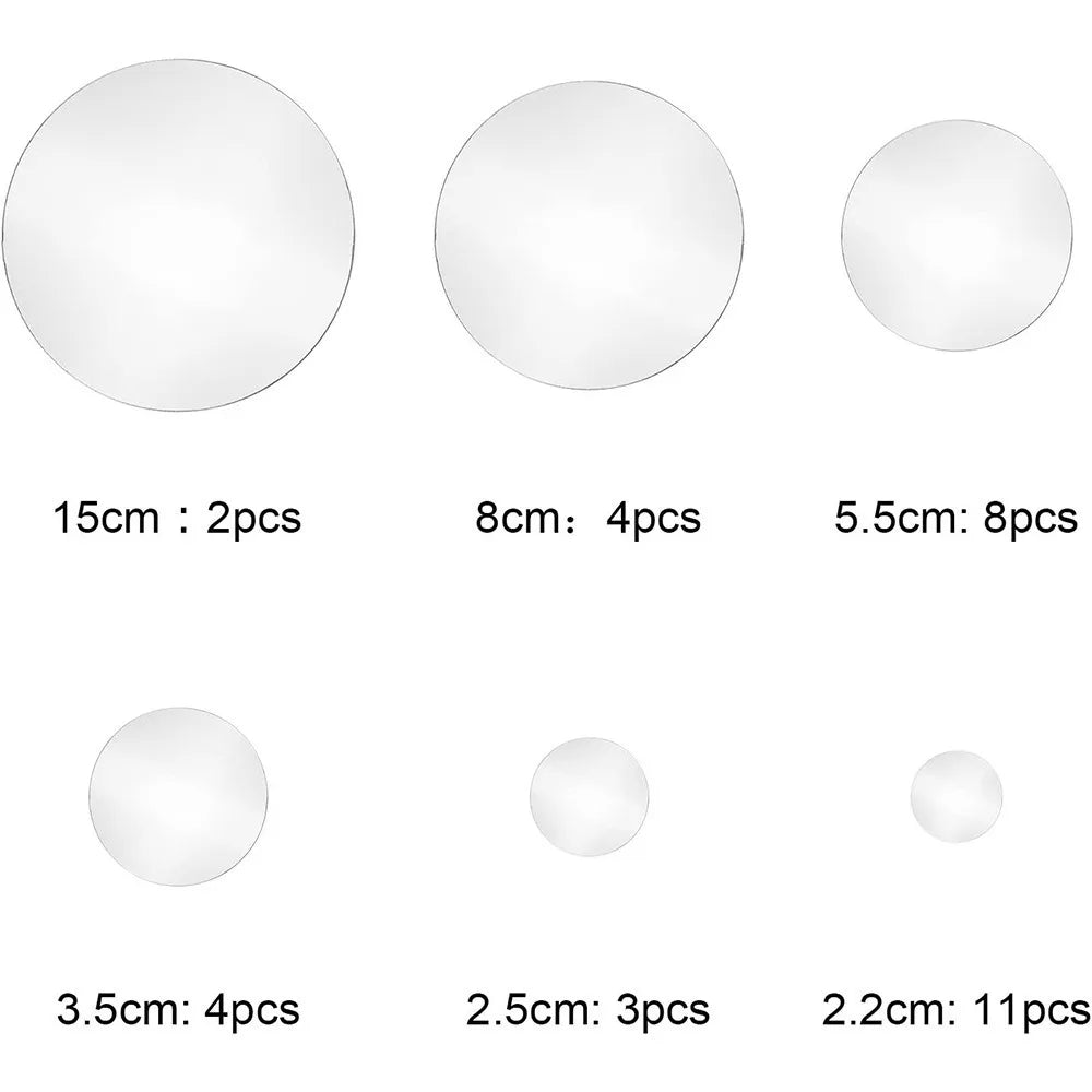 A collection of round, translucent 3D mirror wall decals in various sizes and quantities.
