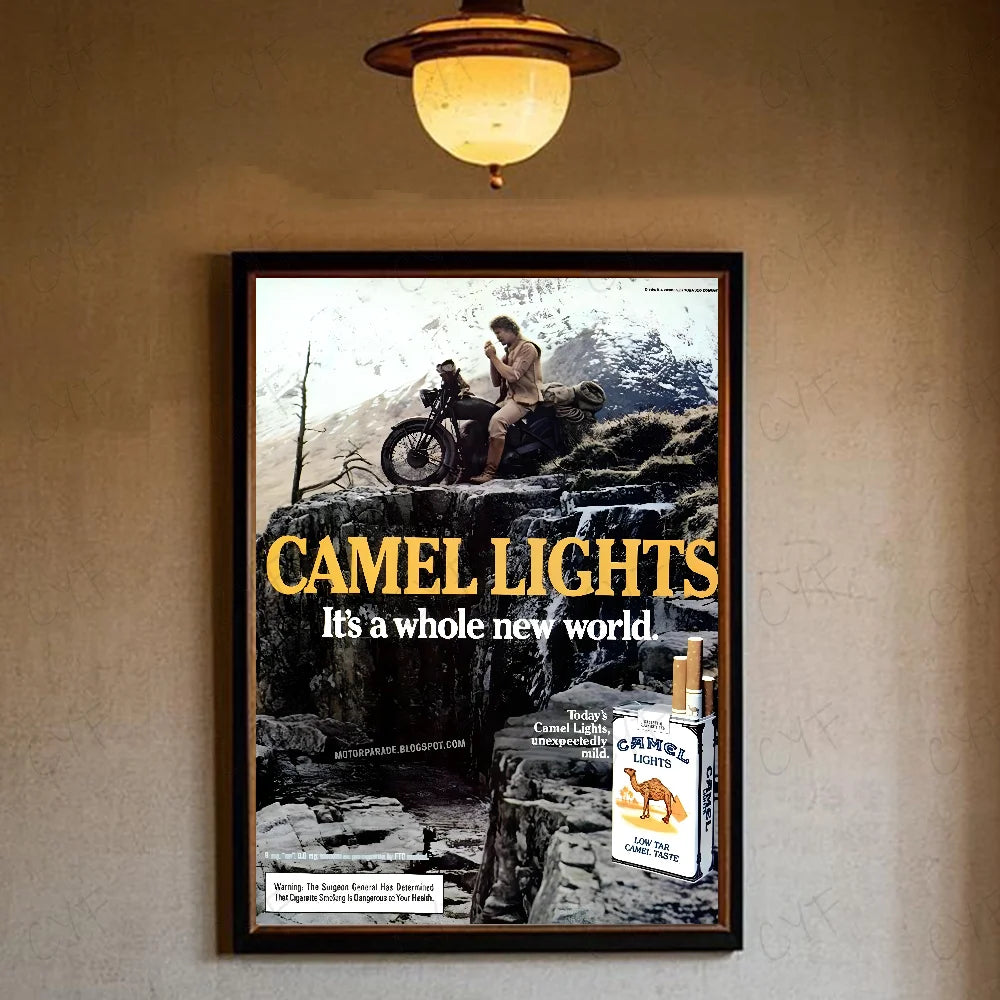 Vintage poster featuring a sepia-toned illustration of a man and a camel with the text Camel Lights Its a whole new world.