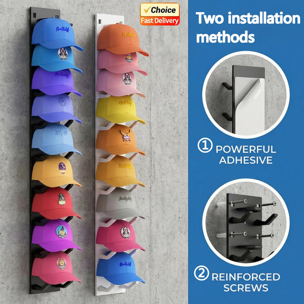 Two methods for installing a wall-mounted hat organizer rack featuring various colored caps.