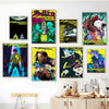 A collection of vibrant posters featuring characters and scenes from Cyberpunk Edgerunners