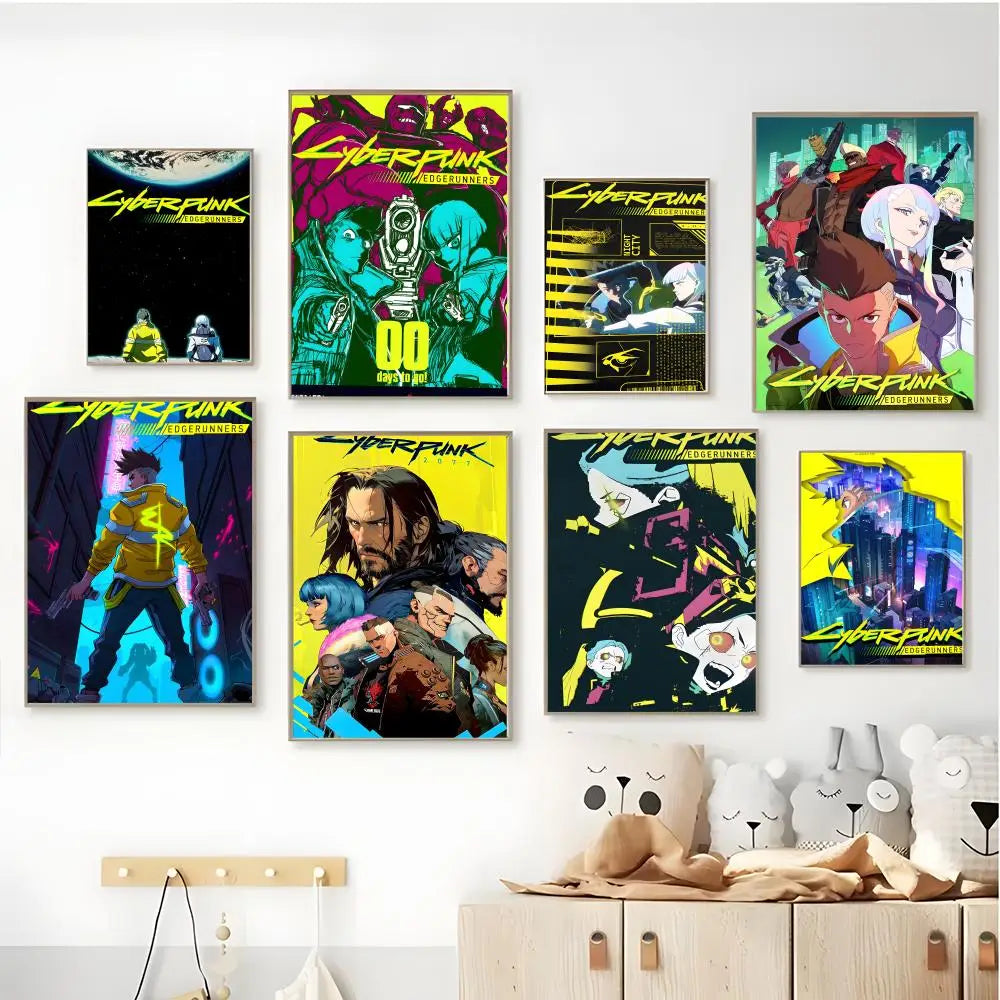 A collection of vibrant posters featuring characters and scenes from Cyberpunk Edgerunners