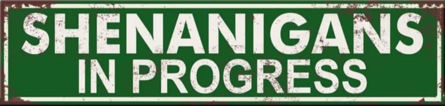 A vintage green metal sign with white text that reads SHENANIGANS IN PROGRESS.