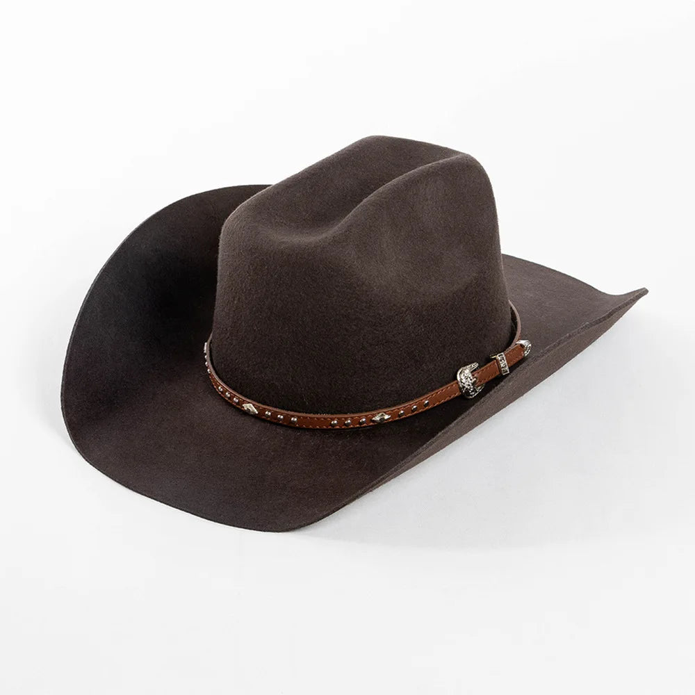 A dark brown wool cowboy hat with a studded leather band.