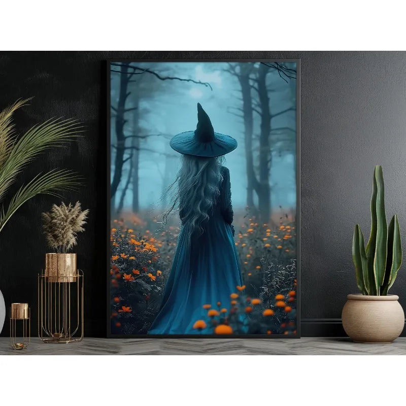 Canvas wall art depicting a dark witch with long silver hair and a blue hat standing in a misty forest landscape.