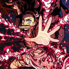 A dynamic illustration of Kyojuro Rengoku in a fiery pose with pink and red accents.