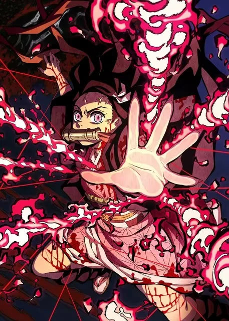 A dynamic illustration of Kyojuro Rengoku in a fiery pose with pink and red accents.