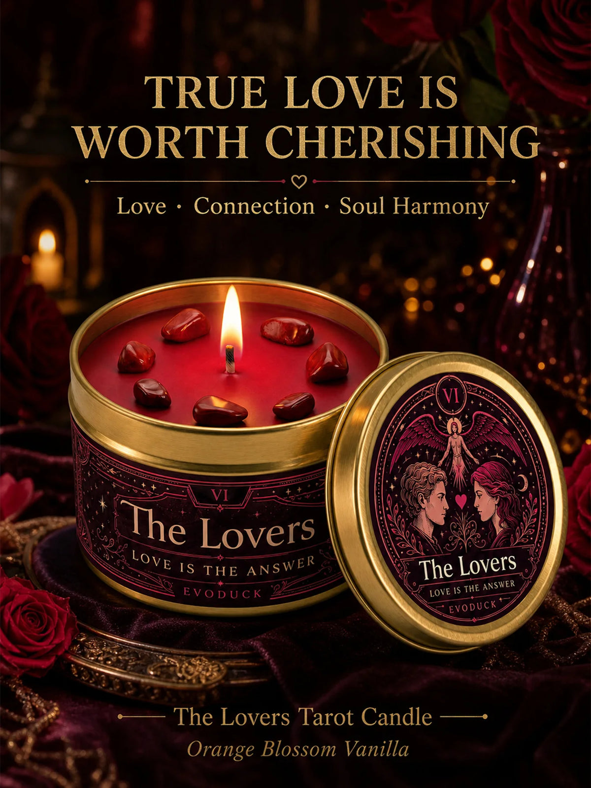 A candle labeled The Lovers Tarot Candle in orange blossom vanilla set against a dark, romantic background.