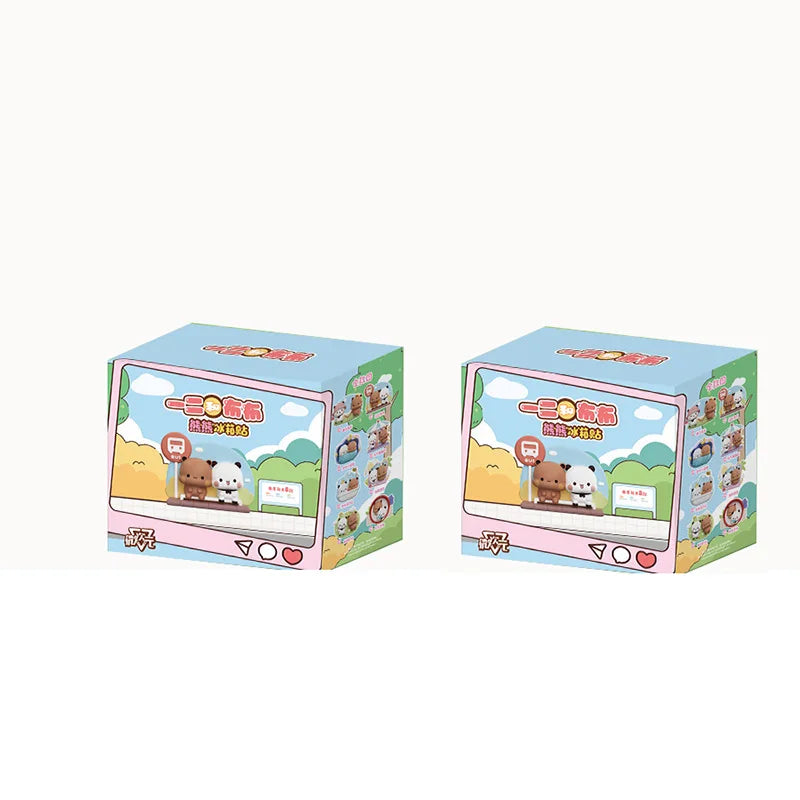 A box of Yier & Bubu Series fridge magnet collectible dolls featuring cute animal characters and scenery.