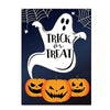 A white ghost with a trick or treat banner floats above several carved pumpkins against a dark blue background.