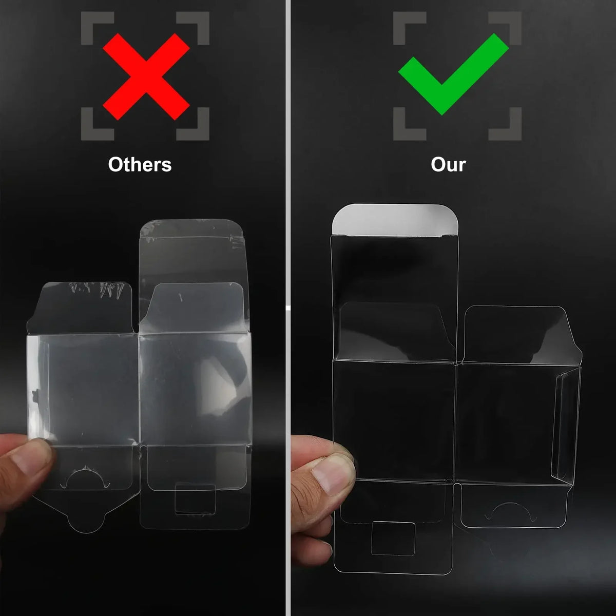 Comparison image showing clear PET favor boxes with ribbons and tags, labeled as ours versus others.
