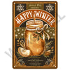 A vintage-style plaque featuring a glass jar of apple pie smoothie with a happy winter design.