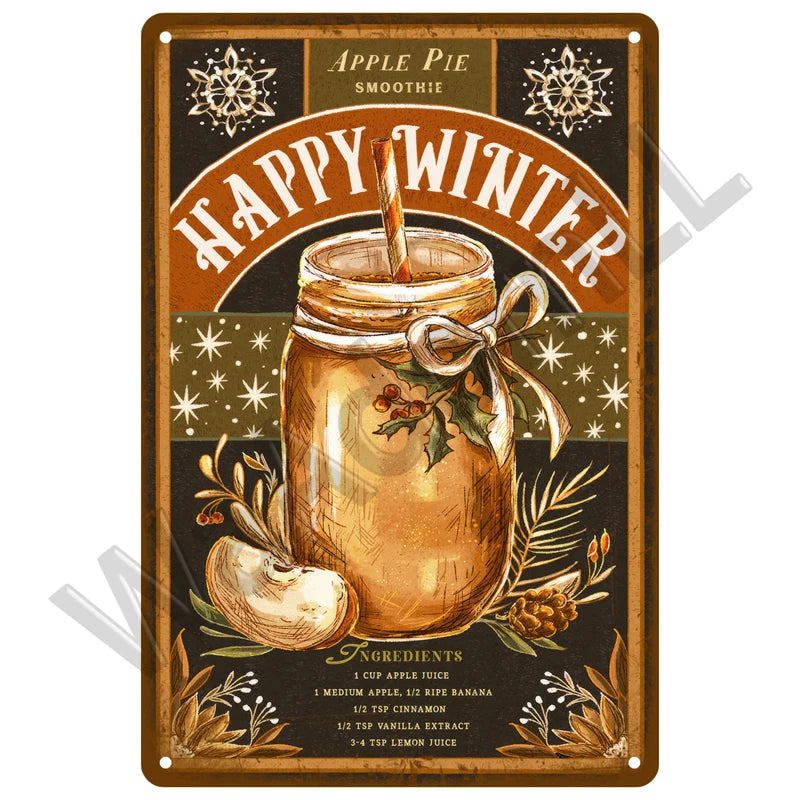 A vintage-style plaque featuring a glass jar of apple pie smoothie with a happy winter design.