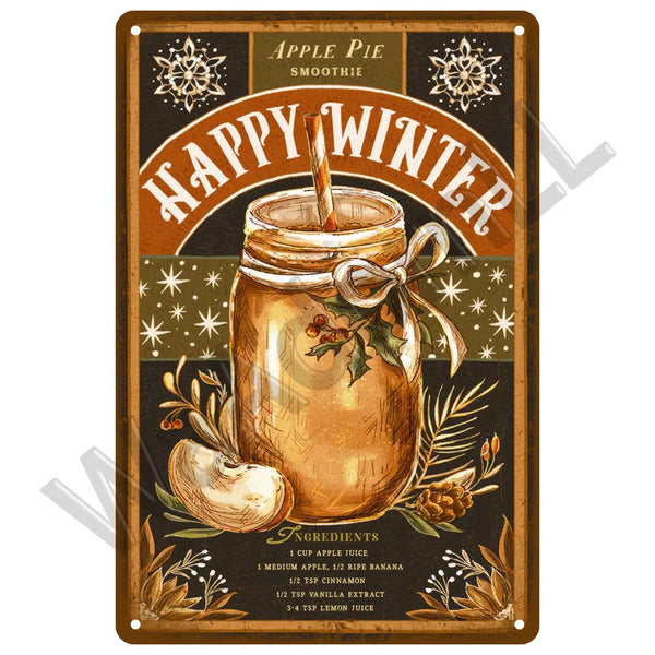 A vintage-style plaque featuring a glass jar of apple pie smoothie with a happy winter design.