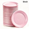 A stack of pink disposable paper plates is shown next to a single plate, with a 9-inch measurement indicated.